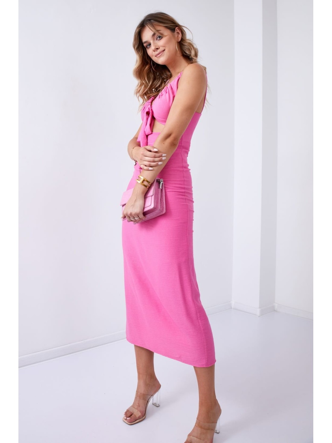 Rochie de vara cu decolteu legat, roz inchis 110525 - Magazin online - Boutique